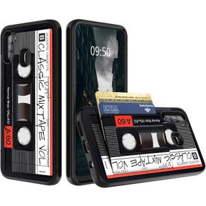 Rossy for Samsung Galaxy A21 Wallet Case with Card Holder, Dual Layer Hybrid Soft Silicone Hard PC with Kickstand Feature Shockproof Protective Flip Phone Case for Samsung A21Retro Audio Cassette