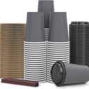 100 Pack - 12 oz Disposable Coffee Cups To Go with Lids Sleeves and Straws 100% Biodegradable & Compostable Pla Eco Friendly Paper Coffee Cups for Tea Coffee Hot Chocolate