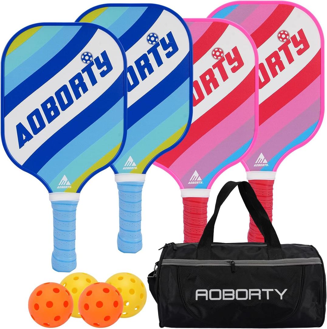 AOBORTY Pickleball Paddles 4 Pack - USAPA Light Graphite Premium Rackets Fiber Face & Polymer Honeycomb Core Pickleball Set with 4 Outdoor Indoor Balls Including Portable Carry Bag (Blue and Pink Striped Design)
