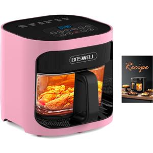 BOSWELL 6 in 1 Glass Air Fryer,4.5QT Air Fryer with Transparent Glass Pot,Circulating Air Heating, Bake, Broil, Air Fry, Temperature Control, Dishwasher Safe (Pink)