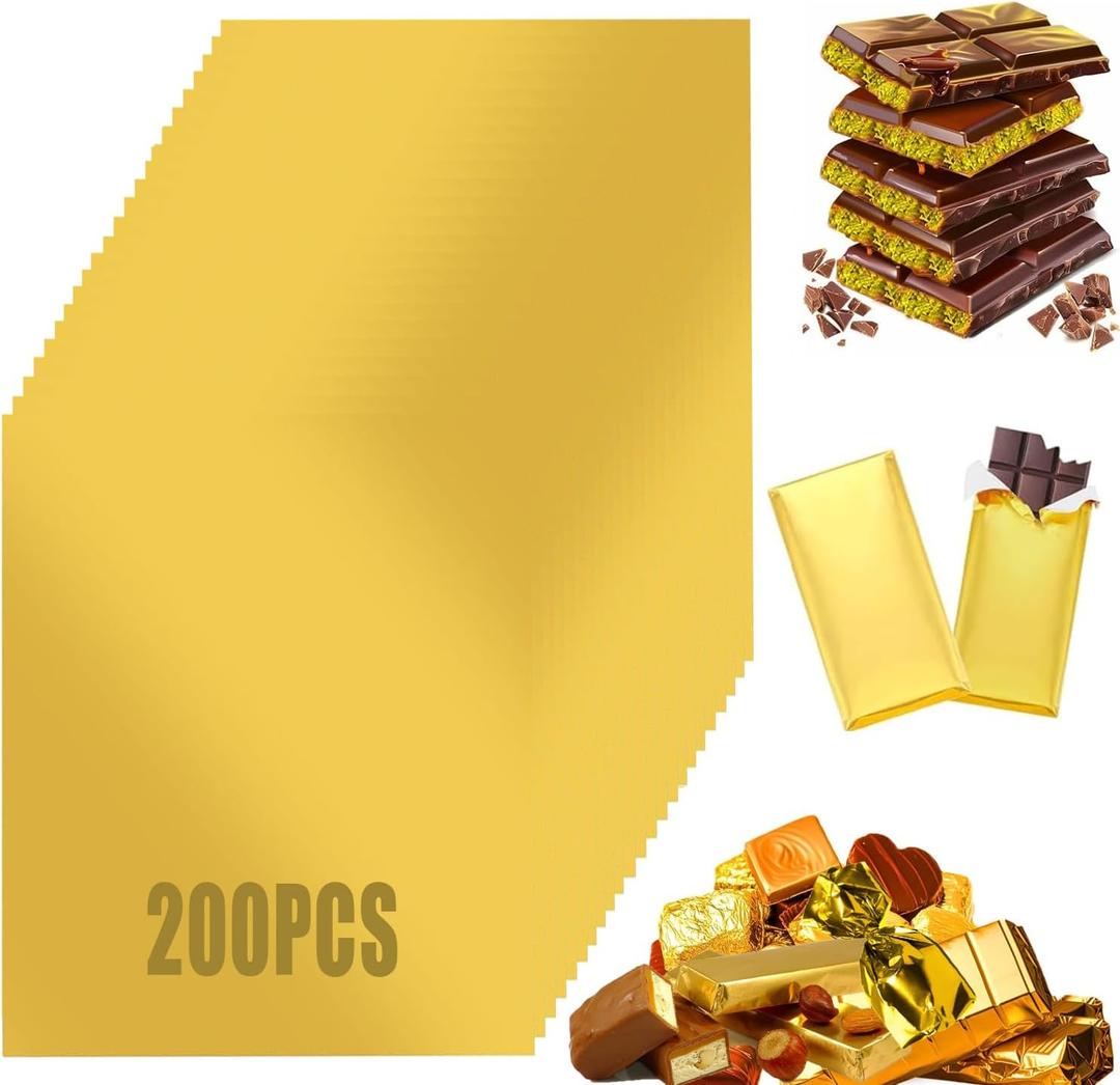 2 x Gold Foil Candy Wrappers, 200 Pcs Chocolate Bar Wrappers, 6.3 * 7.5in Food-Grade Wrapping Paper for Candy Packaging, DIY Crafts, Packing Gifts(Gold)