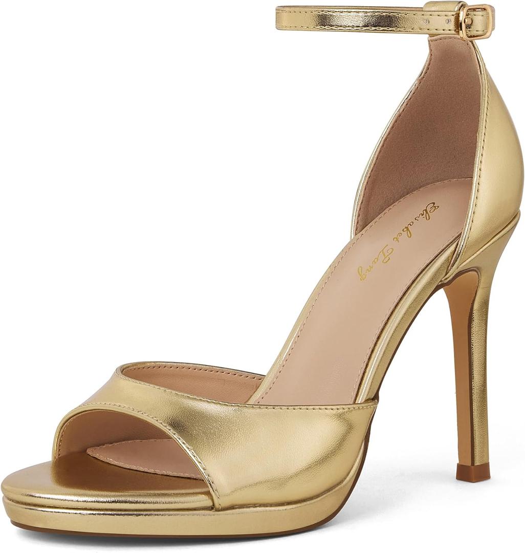 Elisabet Tang Woman's Round Open Toe Ankle Strap Heeled Platform Sandals Stiletto High Heel Sandal Dressy Sexy Wedding Party Shoes (7.5, Gold)