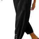 Cotton Casual Capri for Women Elastic High Waisted Loose Lantern Tapered Harem Pants with Pockets, Small