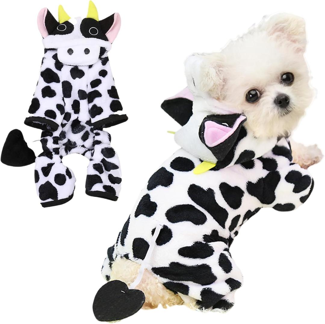 Halloween Dog Cow Costume Pajamas Farm Animal Winter Warm Pet Hoodie Clothes Funny Cute Puppy Pjs for Small Medium Doggy Cat Chihuahua Yorkie Cosplay (Small)