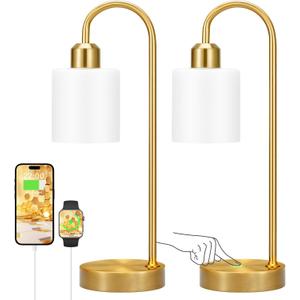 Opal Gold Desk Lamps for Home Office - 3 Way Dimmable Touch Gold Lamp with USB C+A Ports, Nightstand Lamp with Glass Shade,Bedside Table Lamps for Night Stands, BedroomLiving Room, LED Bulb Included