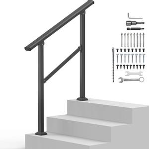 Outdoor Handrails for 2-3 Steps, Stair Railing Kit for Concrete & Porch Steps, Adjustable Black Iron Hand Rail for Seniors, Easy Installation, Retro Arch Design