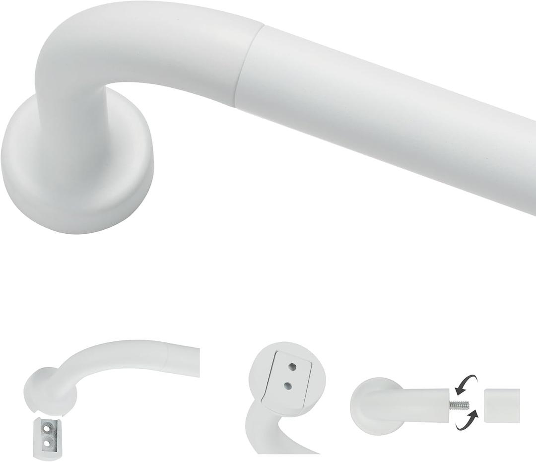 Matte White Curtain Rods for Windows 28 to 48",1 Inch Disc Wrap Around Curtain Rod with Aluminum Finials and Brackets,No Screw Disassembly Adjustable Blackout Curved Room Darkening Curtain Rod