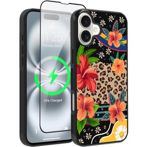 OOK Magnetic for iPhone 16 Case Leopard and Flower Splicing Design [Compatible with MagSafe] Hard PC+Soft TPU Bumper Anti-Slip Ultra Thin Case, Brown