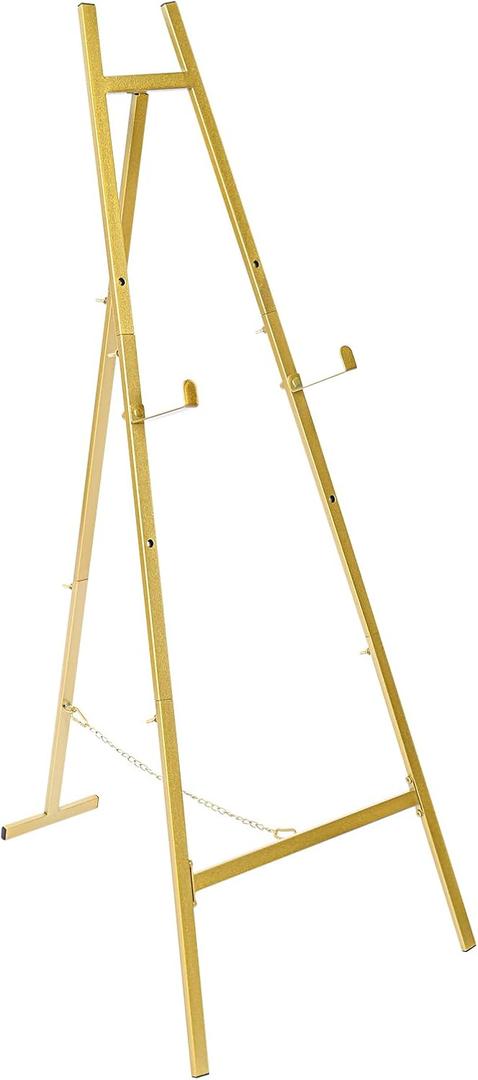 Baoz Metal Easel Stand, Gold Geometric Tall Adjustable Easel Stand for Sign with Chain Support Display Stand Floor 3 Tier Easel for Wedding, Painting Canvas, Tripod for Home and Office