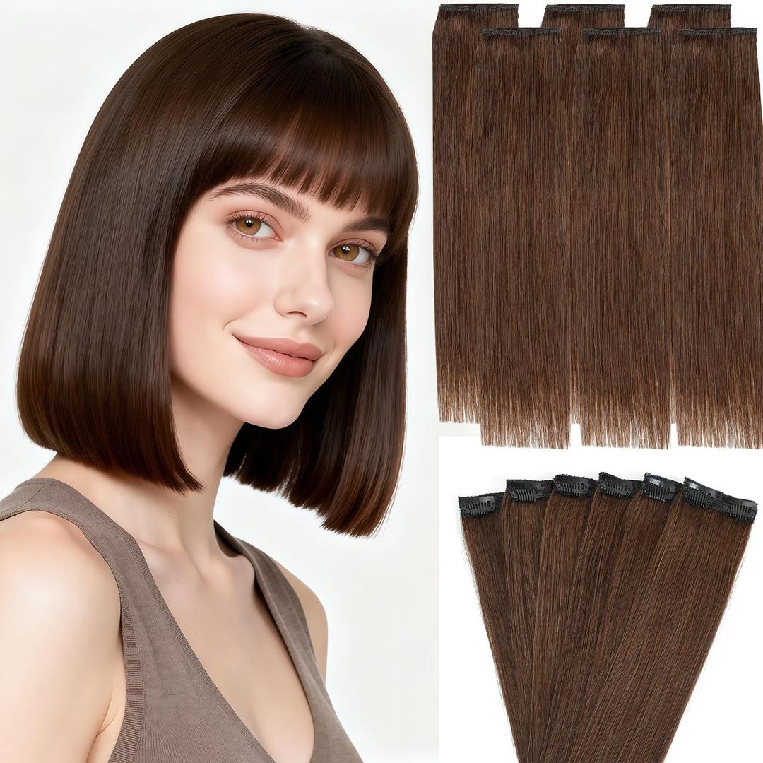 Clip in Hair Extensions Real Human Hair, 12 Inch Short Invisible Remy Human hair Clip in Extensions for Women Seamless Straight 6 Pcs Per Set with Double Weft (Medium Brown, 12 Inch)