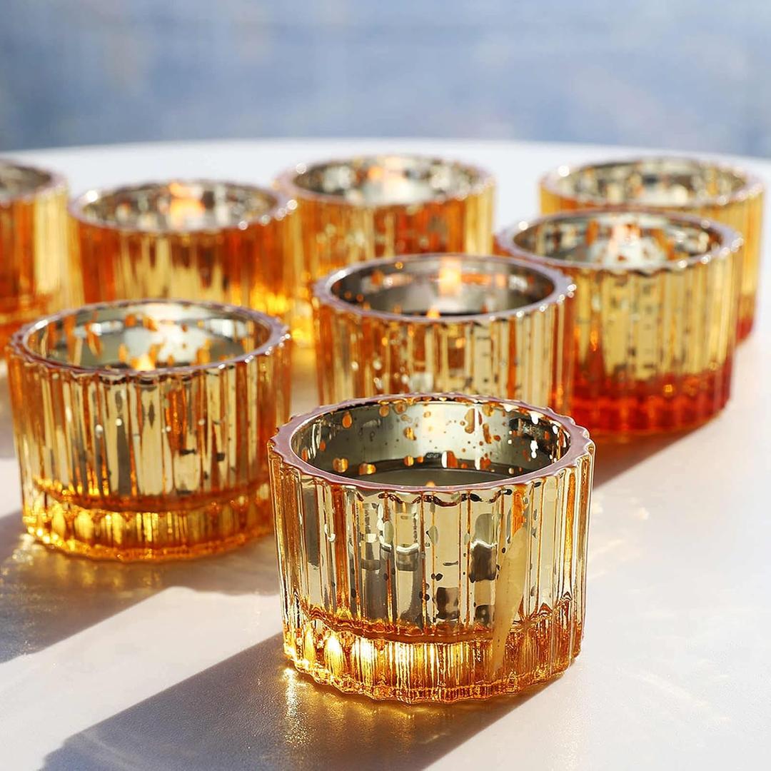 VOHO Gold Candle Holders for Wedding Dinner Party, Tealight Candle Holder Set of 12 for Table Centerpiece, Mercury Glass Candle Holder Gifts for Women (2x1.4 Inch, Mercury Golden)