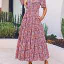 ZESICA Women's 2026 Summer Spring Floral Boho Maxi Dresses Casual Short Sleeve V Neck A Line Flowy Beach Vacation Dress (Pink)