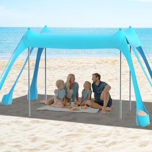 DOLLATE Beach Tent (Light Green), 10x10ft Beach Sunshade, Camping Sun Shade UPF50+ with 8 Sandbags, Sand Shovel, Ground Spikes and Stabilizer Poles, Beach Tent for Camping, Backyard Entertainment