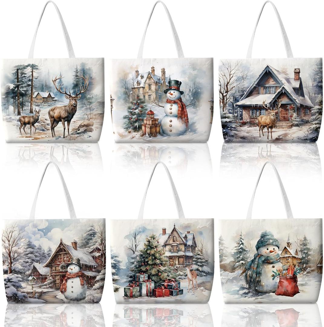 Bencailor 6 Pcs Christmas Canvas Tote Bags Reusable Merry Xmas Tree Aesthetic Grocery Shopping Gift Bags for Women Xmas Gifts (Snowscape,Vintage)