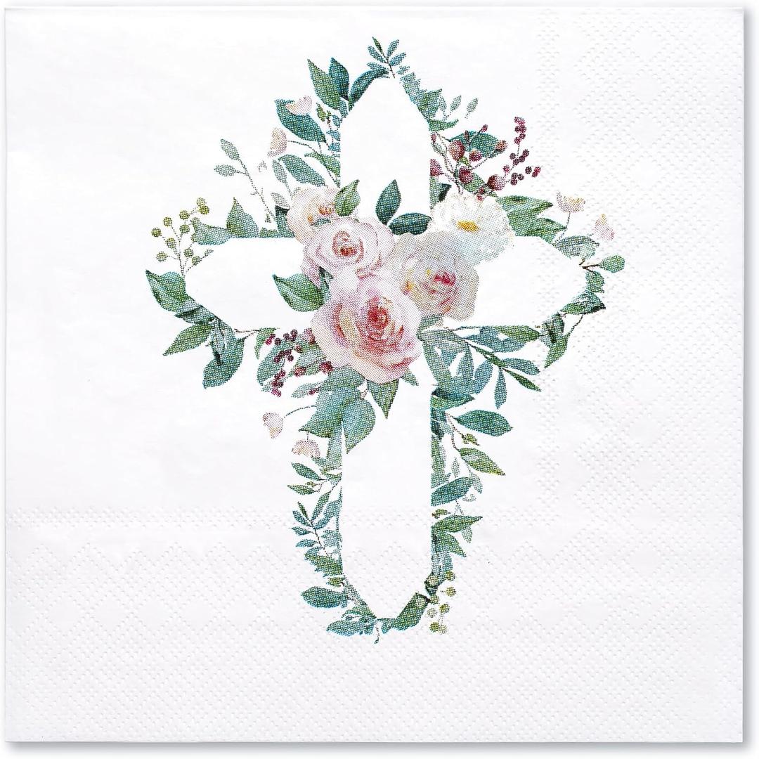 WRAPAHOLIC 50Pcs Floral Baptism Napkins - 3 Ply Floral Cross Disposable Paper Luncheon Napkins for Christening Religious, First Communion, Newborn Baby Shower Party Supplies - 6.5 x 6.5 In