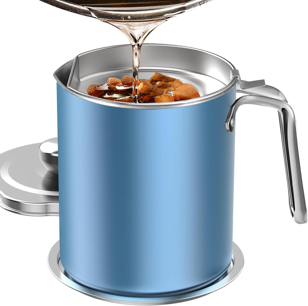 Chihee Stainless Steel Bacon Grease Saver - 2L / 67.6 fl oz Oil Container with Fine Mesh Strainer and Non-slip Tray for Kitchen Storing Frying Cooking Grease (Azure)