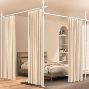 Room Divider, Tension Curtain Rod No Drilling,4-10ft(H) 28-140inch(W) Wall Divider for Room Separation, Heavy Duty Room Partition Separator, Adjustable Folding Privacy Screens,White
