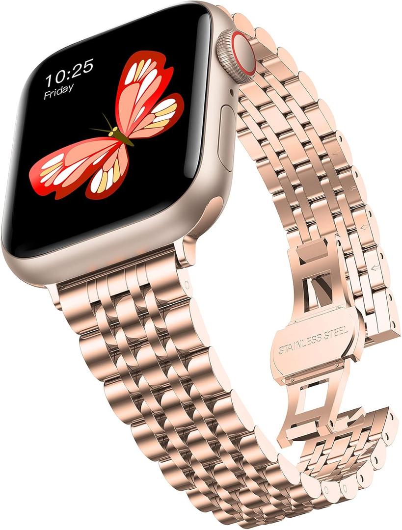 baozai Thin Band Compatible with Apple Watch Band 42mm 41mm 40mm 38mm, Women Slim Stainless Steel Wristband for Apple Watch Series 11-1/SE3/SE2/SE, Rose Gold