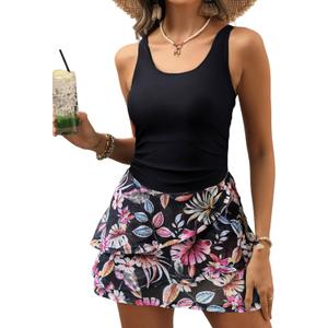 VIMPUNEC Women One Piece Swim Dress Swimsuit Tummy Control Modest Swim Skirt Bathing Suit (Small, Floral Black)