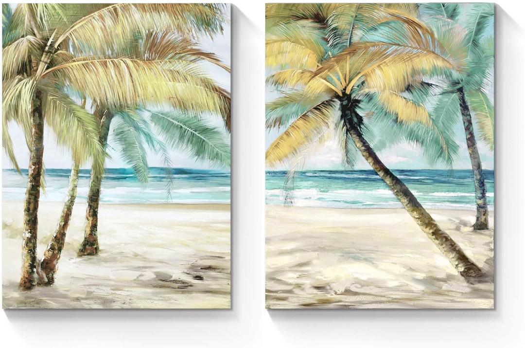 Palm Trees Canvas Wall Art: Coastal Beach Picture Artwork Tropical Ocean Scene Painting Abstract Seascape Print for Modern Living Room Bedroom Bathroom