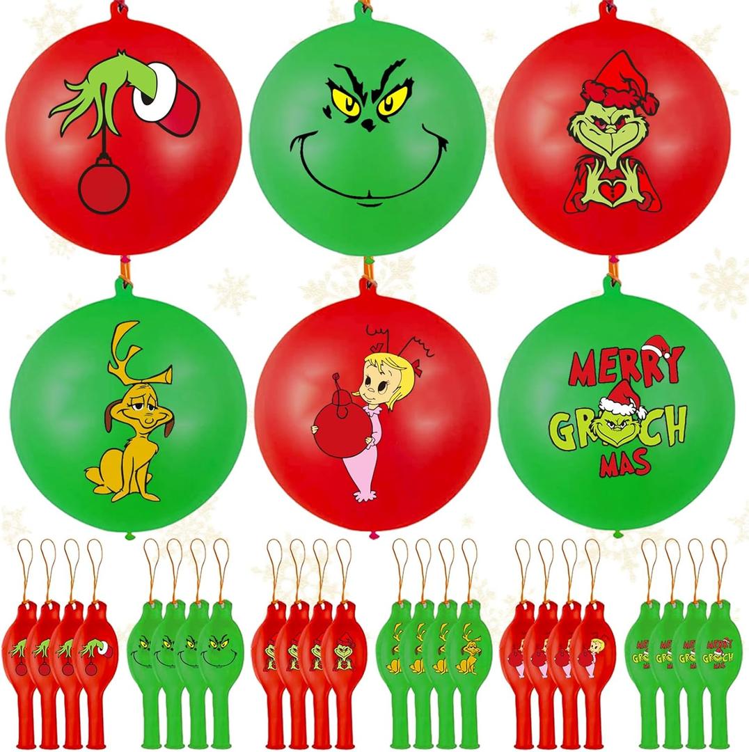 24 Pcs Christmas Punch Balloons Christmas Latex Bounce Balloons with Rubber Band Handle for Birthday Party
