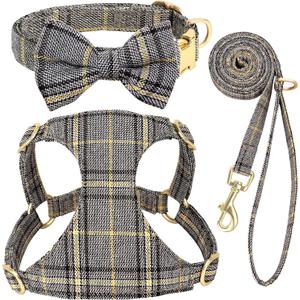 Beirui Cute Small Dog Harness Collar and Leash Set with Bowtie, Soft Adjustable Plaid Puppy Harness for Small Sized Dogs Cats Walks Parties and Photoshoots(Gray,S:Chest 17-23") (S:Fit 9-20 lbs)