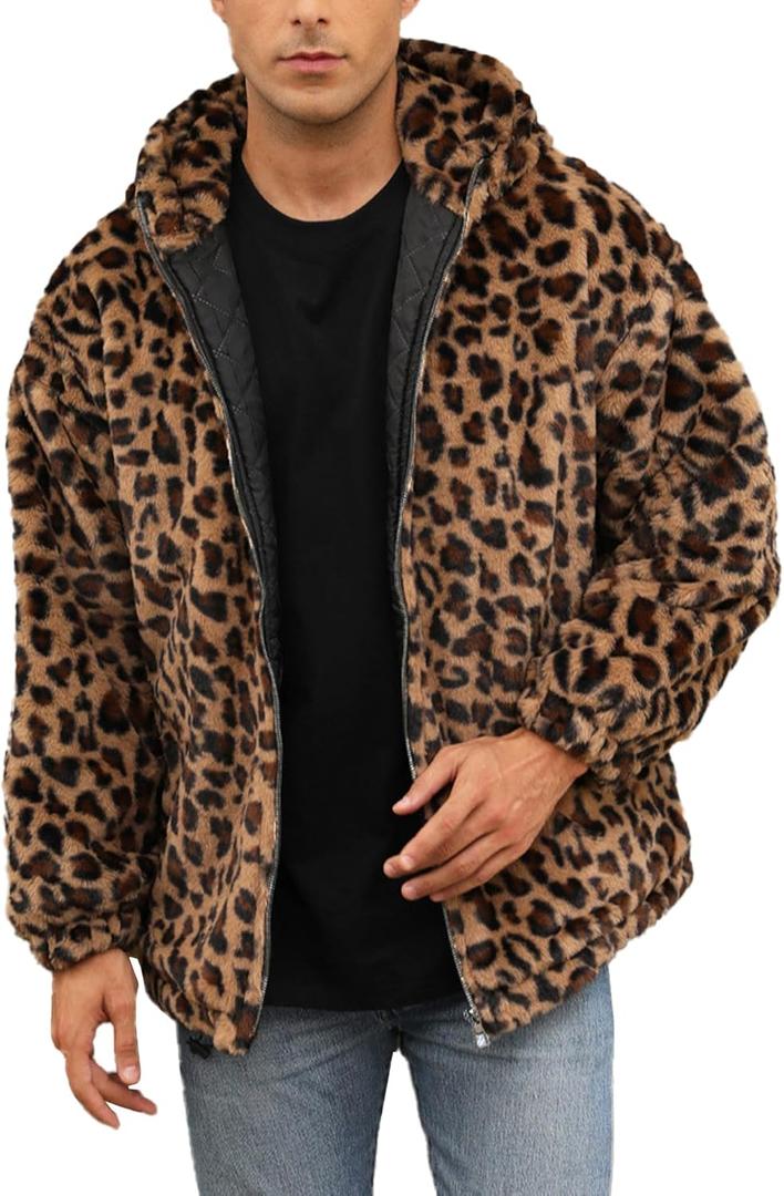SOMTHRON Men's Faux Fur Leopard Hooded Jacket Shaggy Coat Zip Up Winter Warm Fluffy Furry Parka Overcoat YE-M