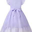 Girl Summer Dress Polka Dot Casual A-line Flutter Ruffle Sleeve Double Layer Flowy Dress 5-13 Years (Purple)