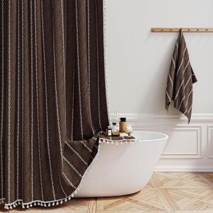 BTTN Extra Long Shower Curtain, 72x96 Inch Boho Rustic Striped Fabric Shower Curtain Set with Tassel, Water Repellent, Tall Bohemian Shabby Chic Farmhouse Shower Curtain for Bathroom with Hooks, Brown