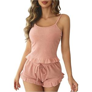 Women's 2 Piece Ruffle Ribbed Knit Crop Camisole Top and Drawstring Shorts Pajamas Set, Small