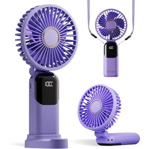 GOCKERA Portable Fan, 4200mAh Battery Operated Fan, 5 Speeds&Digital Display, Makeup Fans for Women with Base, 180Foldable 3in1 Handheld/Neck/Desk Fan for Outdoor Indoor,Ultra Quiet (Purple)