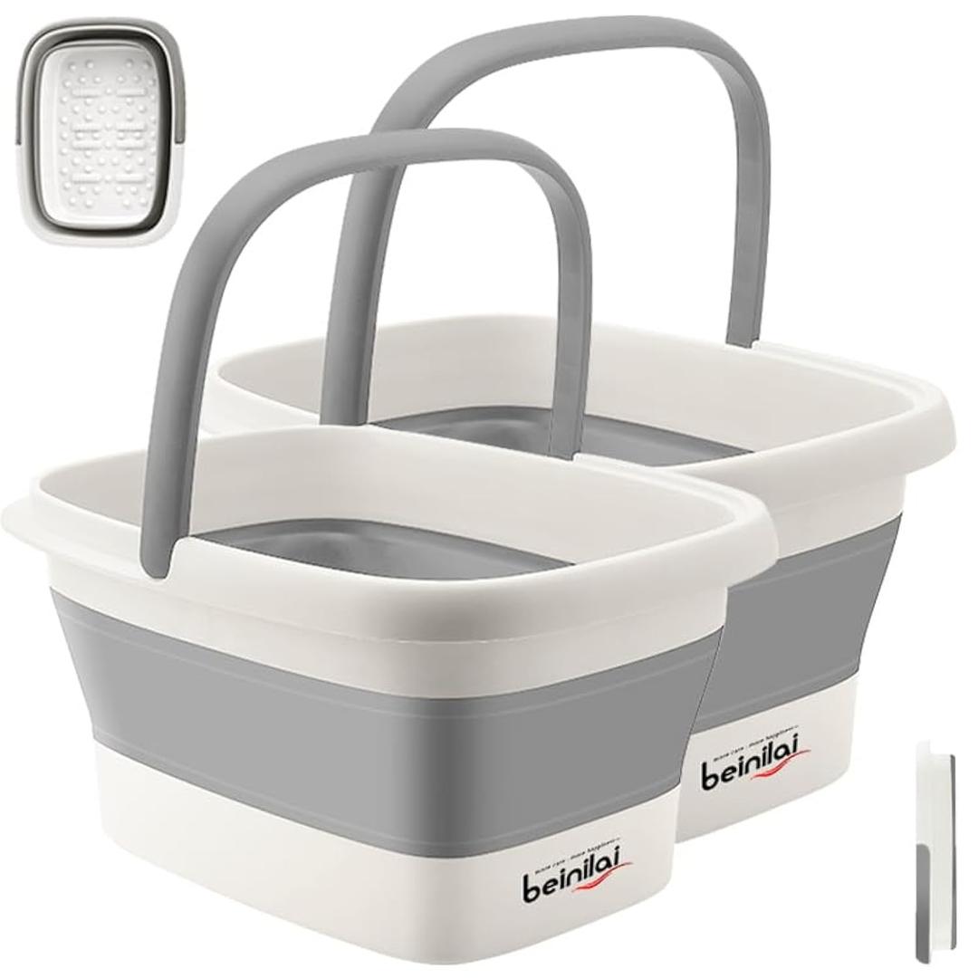 Collapsible Foot Bath Basin for Soaking Feet,Foot Soak Tub,Plastic Foot Bucket with Handles and Massage Acupoint,Foldable Laundry Basket-Gery (2 Pack) (Gray)
