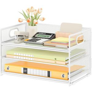 Subekyu 3 Tier Letter Tray Paper Organizer with Handle, 1 PC Sliding Tray, White Metal Mesh Desk File Folder Paper Sorter Organizer for Home Office School Desk Supplies Organization Storage (12.6" x 9.1" x 8.1")