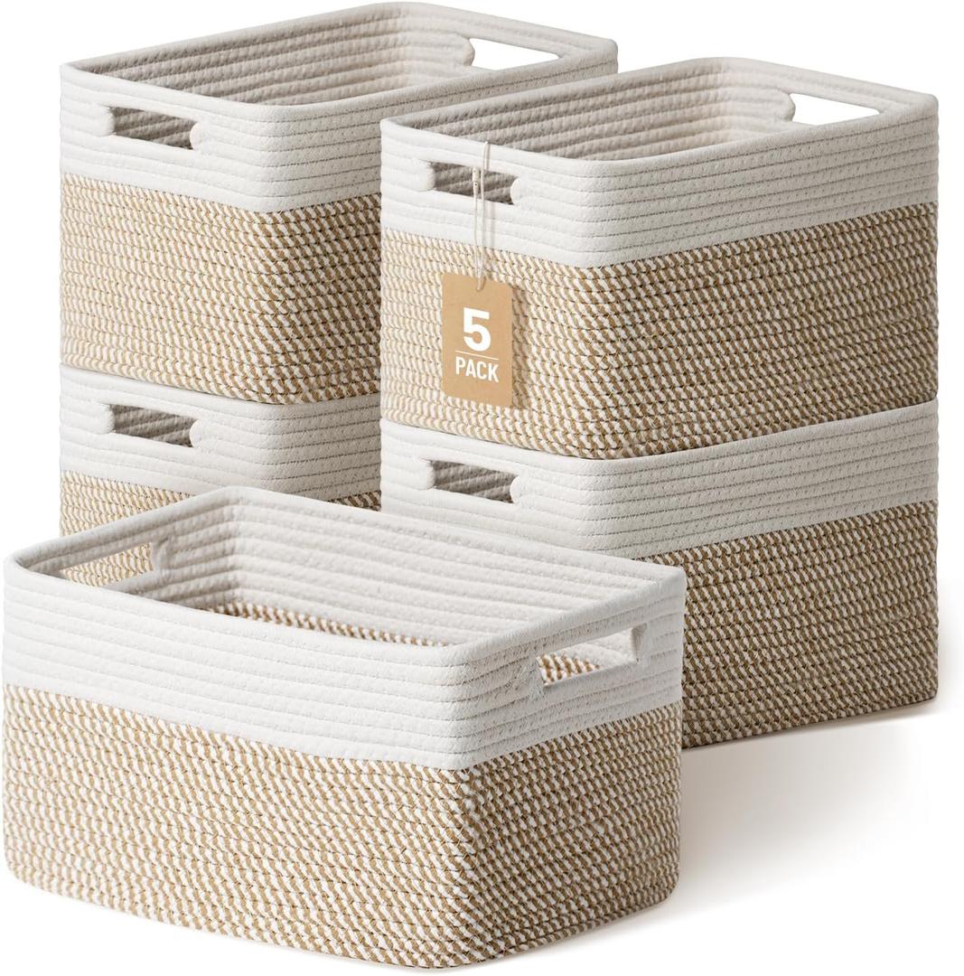 5 Pack Woven Storage Baskets for Shelves, Decorative Basket Organizer Storage Bins for Toys, Books, Clothes, Closet, Nursery, Bathroom Cotton Rope Shelf Baskets for Organizing, Khaki & White