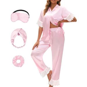 MEEYI Silk Pajamas for Women Short Sleeve Long Pants Satin Pajama Sleepwear with Pockets Size S