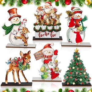 Beeveer 6 Pcs Christmas Table Decorations Wooden Snowman Reindeer Decor Christmas Table Centerpieces Vintage Wooden Retro Decorative Xmas Tree Santa Sign for Home Kitchen Shelf