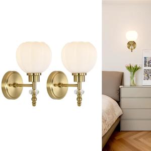 Vintage Milk Glass Wall Sconces Set of 2, Brushed Gold Flower Bud Wall Lamps for Bedroom Bathroom Living Room Hallway, E26 Base Bedside Wall Sconce Not Included Bulbs