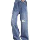 SANGTREE Womens Wide Leg Jeans Elastic Waist Denim Pants Baggy Jeans for Womens Ripped DarkBlue S (Blue, S)