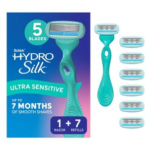 Schick Hydro Silk Ultra Sensitive Razor for Women | Womens Razor for Sensitive Skin, 5 Blade Razors for Women, Womens Razors for Shaving, Includes 1 Handle & 7 Refills