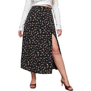 Floerns Women's Boho Floral High Waist Split A Line Midi Skirt, 3X-Large Plus