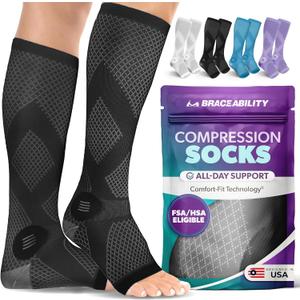 BraceAbility Compression Socks for Circulation - 20-30 mmHg Knee High Neuropathy Open Toe Stockings for Varicose Veins, Swelling, RLS, Medical Toeless Support for Men or Women - 1 Pair (M - Black)