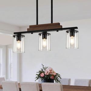 3-Light Kitchen Chandeliers Over Table, Farmhouse Chandeliers for Dining Room, Black Linear Chandelier with Clear Glass Shades, Modern Rustic Wood Dining Room Light Fixture, with Adjustable Height