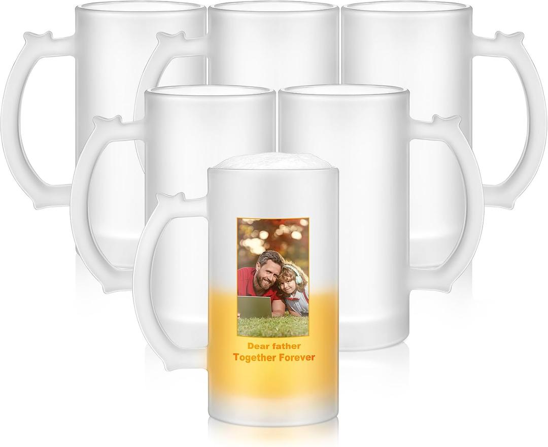 Mifoci 6 Pcs Sublimation Blank Beer Mugs Personalized Tazas Para Present 16 oz Frosted Beer Glass Cups Can Add Photo Text or Images on Gift for Dad Husband Groomsmen Father's Day Wedding Oktoberfest, Medium