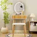 Small Vanity Desk with Mirror and Lights, Wooden Handles with Cushioned Stool, 3 Lighting Modes Round Makeup Table with Upgraded Silent Slides, Compact Vanity for Small Spaces, Natural Oak (51.7" X 23.6" X 18.1")
