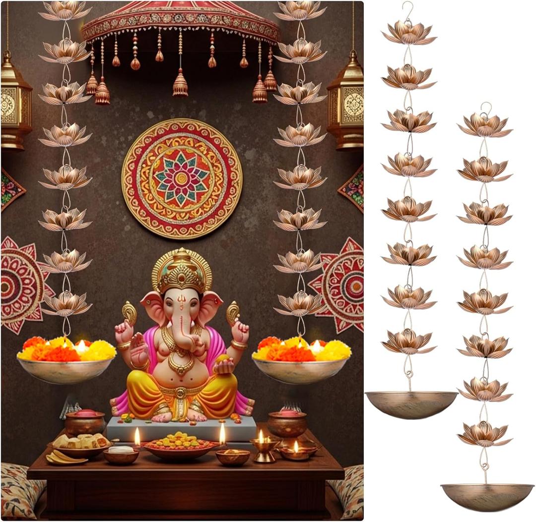 LemonRoad 2 Set Diwali Hanging Urli Bowl Metal Lotus Floating Diya Pot for Flowers & Decor Wall Hanging Uruli Candle Holder for Mandir, Diwali Gift, Indian Traditional Festival Decoration