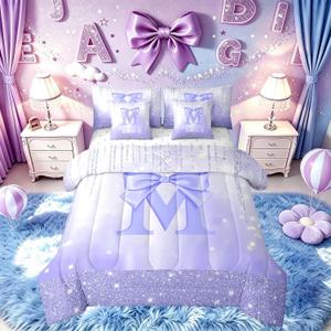 Feelyou Purple Bowknot Comforter Set with Sheets 7 Piece Full Size Initial Letter M Bedding Set for Kids Boys Girls Princess Glitter Bed in a Bag Cute Bow Alphabet Room Decor Soft