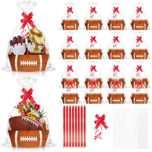 24 Set Footballs Party Baskets for Gifts Empty with Cellophane Basket Bows Football Senior Night Market Tray Cardboard Basket to Fill for Sports Party Favors Holiday Gifts Packaging