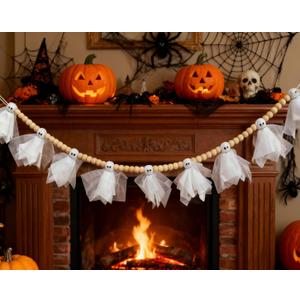 Halloween Banner, Cute Halloween Ghost with Wooden Beads Garlands, Handmade Rustic Banner for Wall Home Indoor Outdoor Doorways & Home Mantel Decor Supplies (White Ghost)