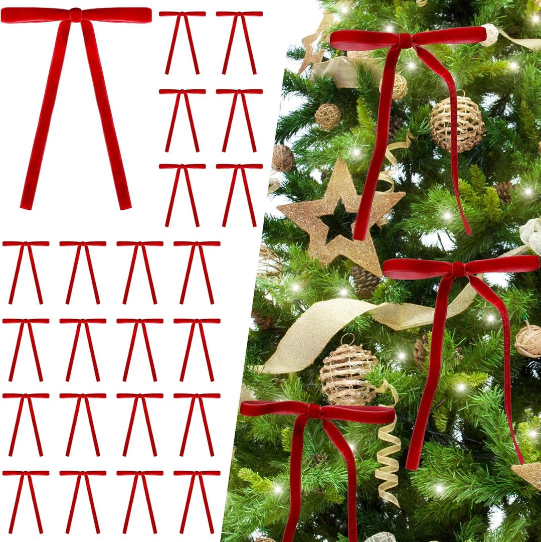 40Pcs Velvet Ribbon Bows, 5x7 Inch Pre-Tied Bows Christmas Ornaments for Xmas Tree, Garland, Wreath, Gift and Holiday Home Dcor (5 x 7 Inch, Width of 3/8",Red)