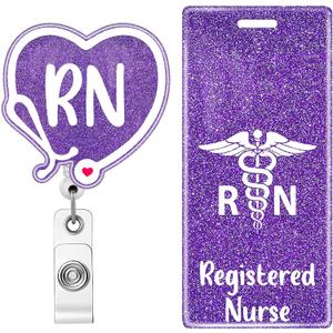 Plifal RN Registered Nurse Badge Reel Holder Retractable with Badge Buddy for Nurse Nursing, Purple Caduceus Stethoscope Alligator Clip Name Tag ID Clip Card Set Hospital Work Accessories